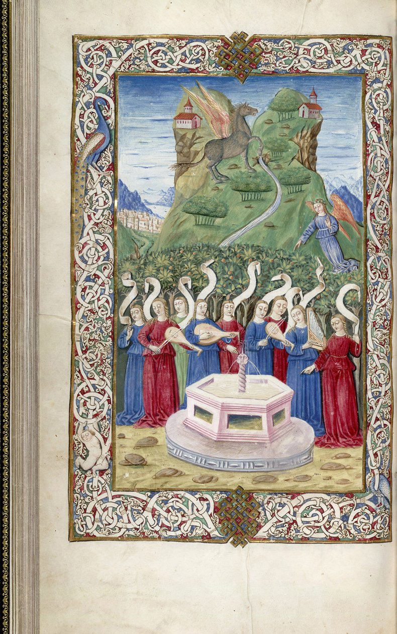 De nio muserna med Pegasus och Mount Helicon från Argumentum av Guarinus Veronensis, 1485-1499 av Unbekannt