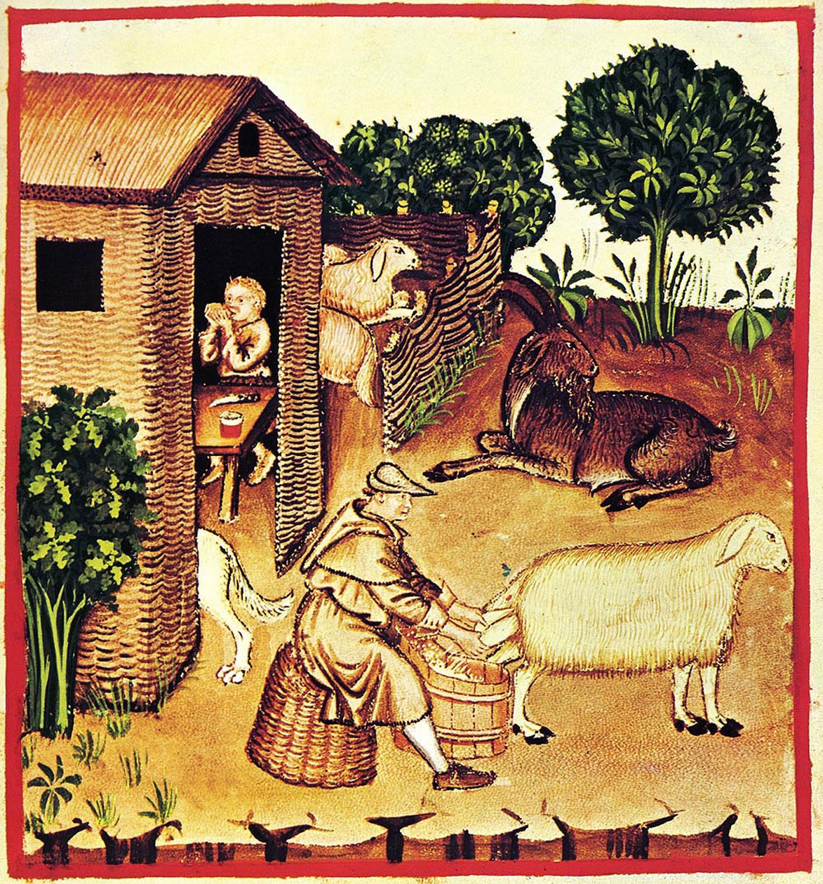 Tillverkning av ost. En miniatyr från Tacuinum Sanitatis, andra halvan av 1300-talet. av Unbekannt