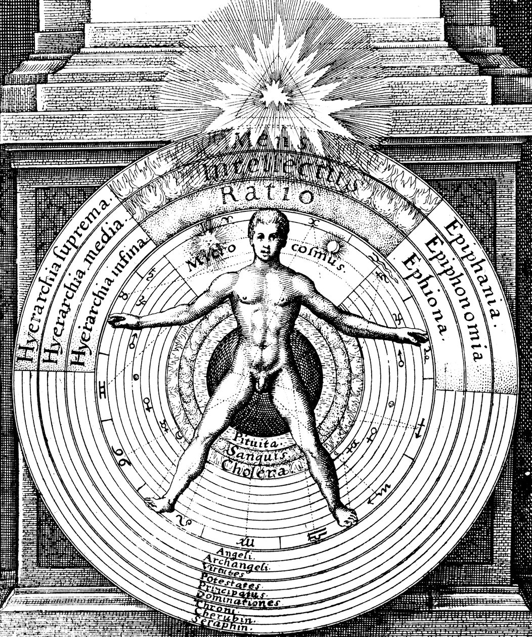 Förhållandet mellan människan, mikrokosmos, med universum, makrokosmos, c1617 av Unbekannt