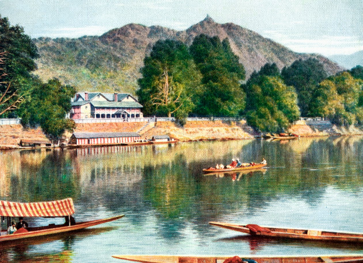 Floden Jhelum och klubbhuset i Srinagar, Indien, tidigt 1900-tal av Unbekannt