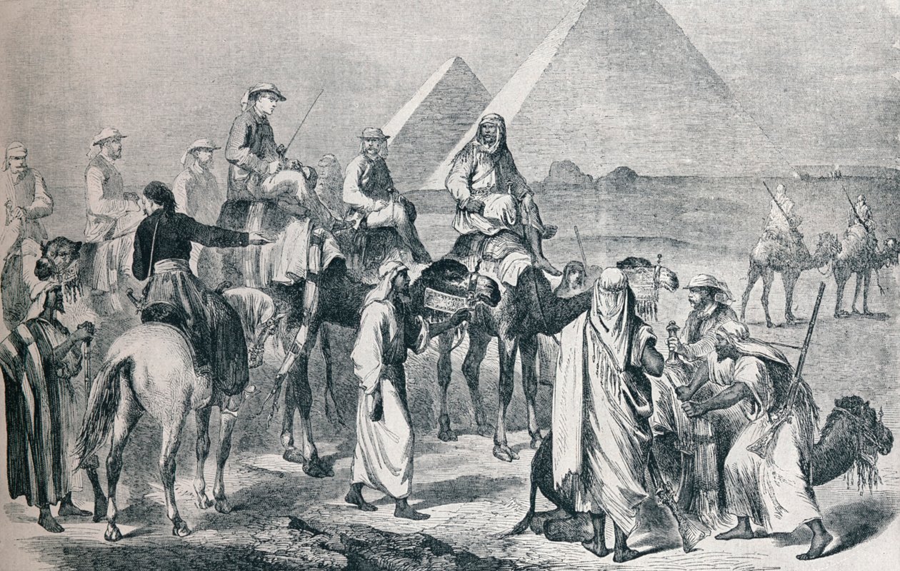 Det kungliga sällskapet lämnar lägret i Giza, Egypten, c1861 1910 av Unbekannt