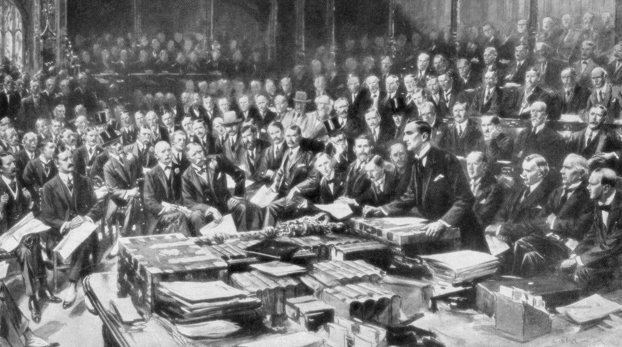 Scenen i House of Commons, Westminster, London, 3 augusti 1914 av Unbekannt