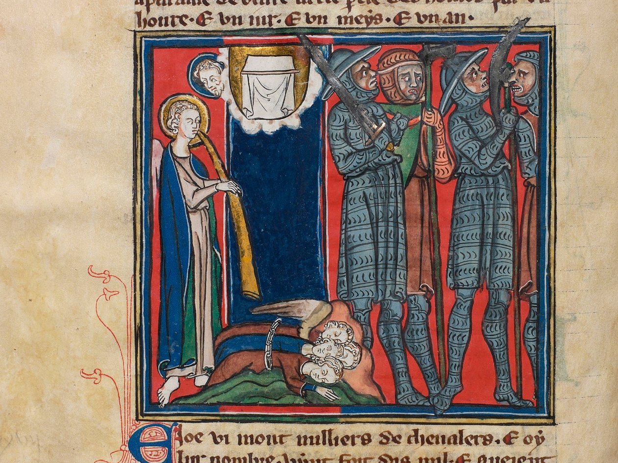 Den sjätte ängeln blåste i sin trumpet... Miniatyr från: Apocalypse de saint Jean, ca 1320. av Unbekannt