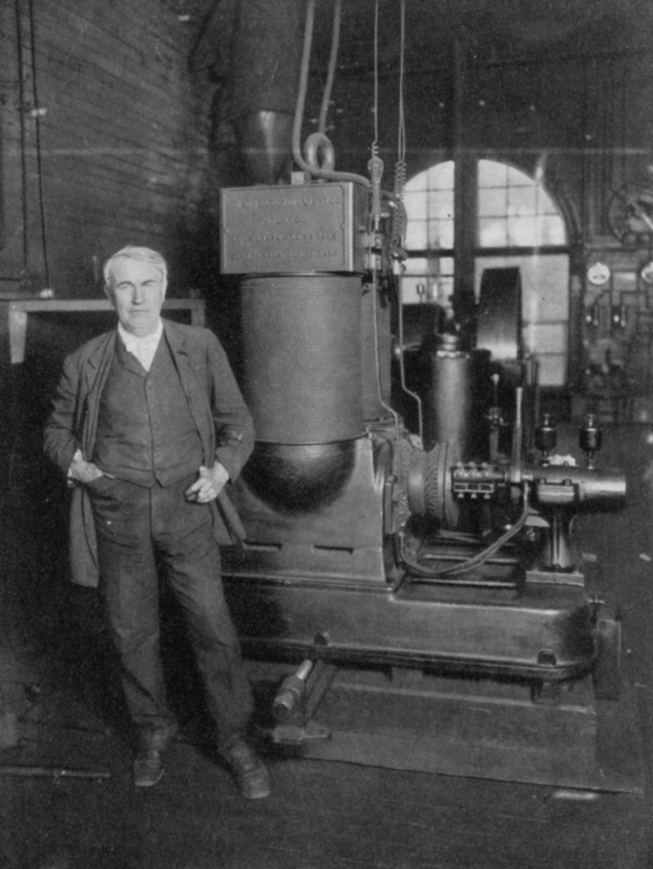 Thomas Alva Edison, amerikansk uppfinnare, med sin första dynamo för att producera elektriskt ljus, 1880-talet av Unbekannt