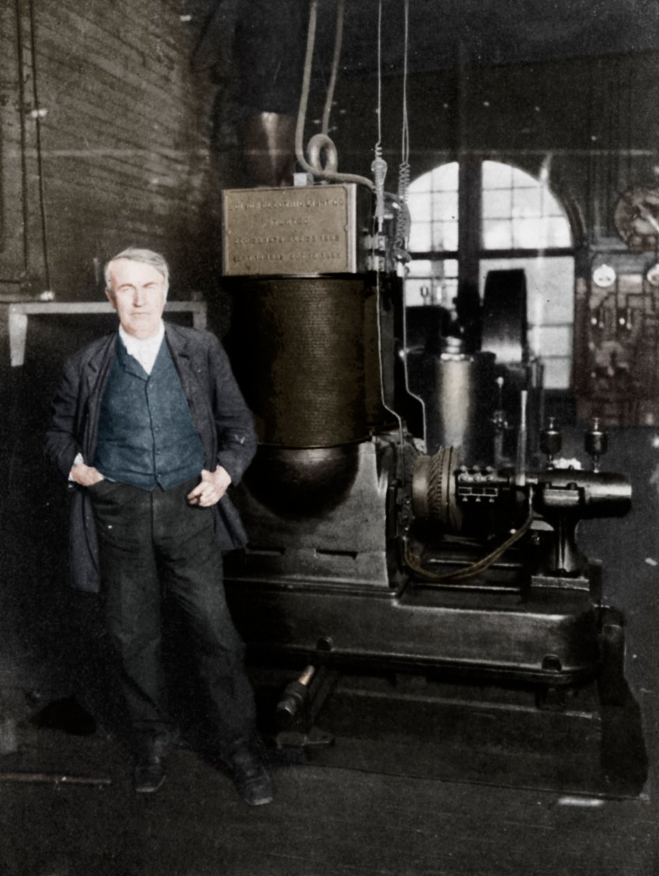 Thomas Alva Edison, amerikansk uppfinnare, med sin första dynamo för att producera elektriskt ljus, 1880-talet av Unbekannt