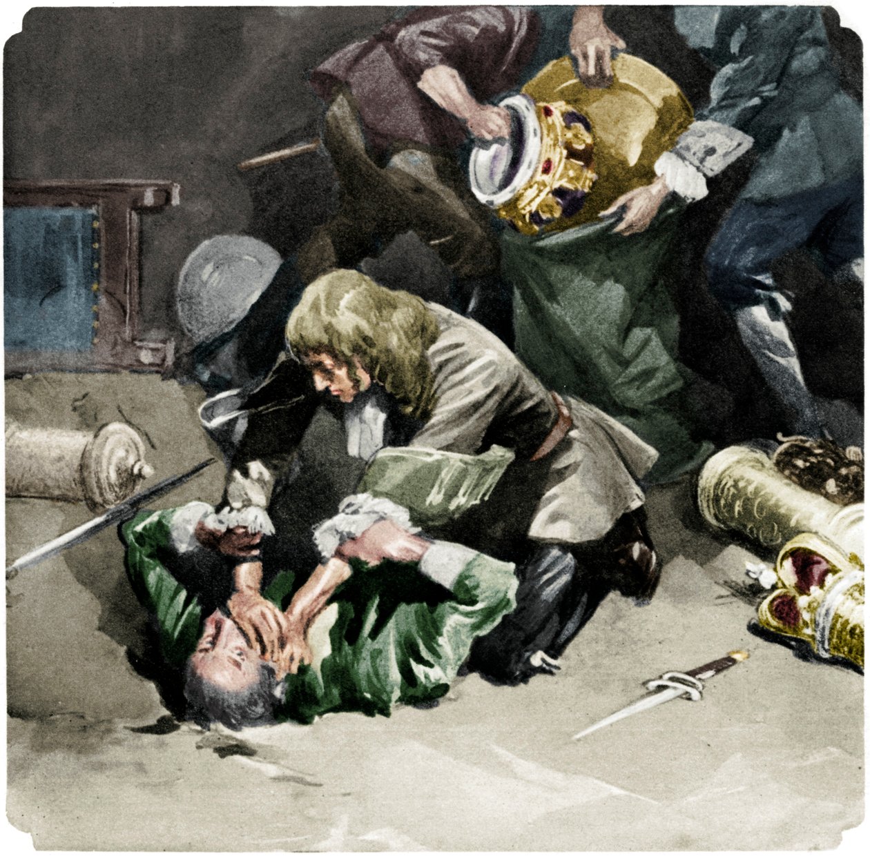 Thomas Blood försökte stjäla kronjuvelerna från Towern i London 1671, 1937 av Unbekannt