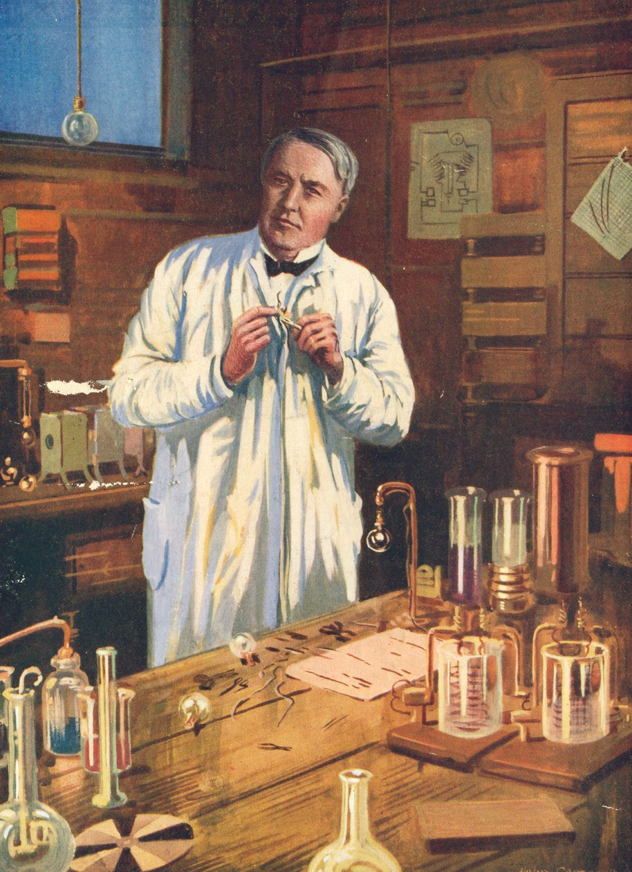Thomas Edison, amerikansk uppfinnare, i sitt laboratorium, Menlo Park, New Jersey, USA, 1870-talet 1920-talet av Unbekannt