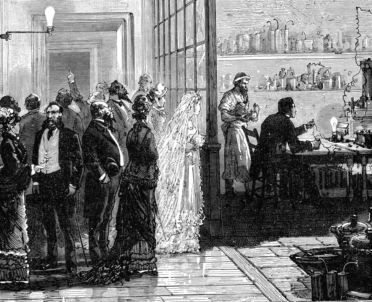 Thomas Edison experimenterade med elektriska lampor på sin bröllopsdag, 1871 1883 av Unbekannt