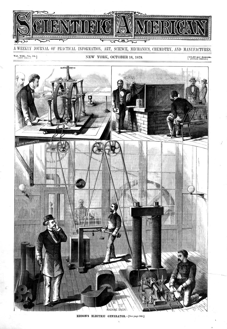 Thomas Edisons generator för elektriskt ljus i sitt hem i Menlo Park, New Jersey, USA, 1879 av Unbekannt
