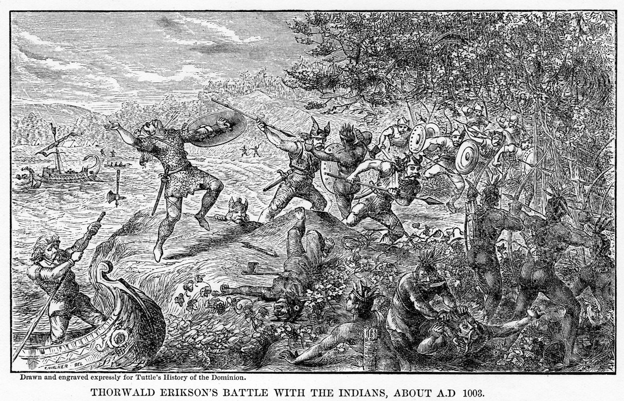 Thorwald Eriksons strid med indianerna, omkring 1003 e.Kr., 1877 av Unbekannt