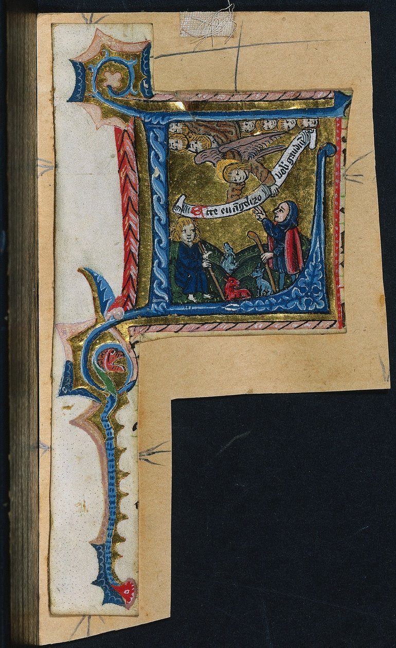 Tre sticklingar från ett missal: Initial L med tillkännagivandet till herdarna, ca. 1470-1500. av Unbekannt