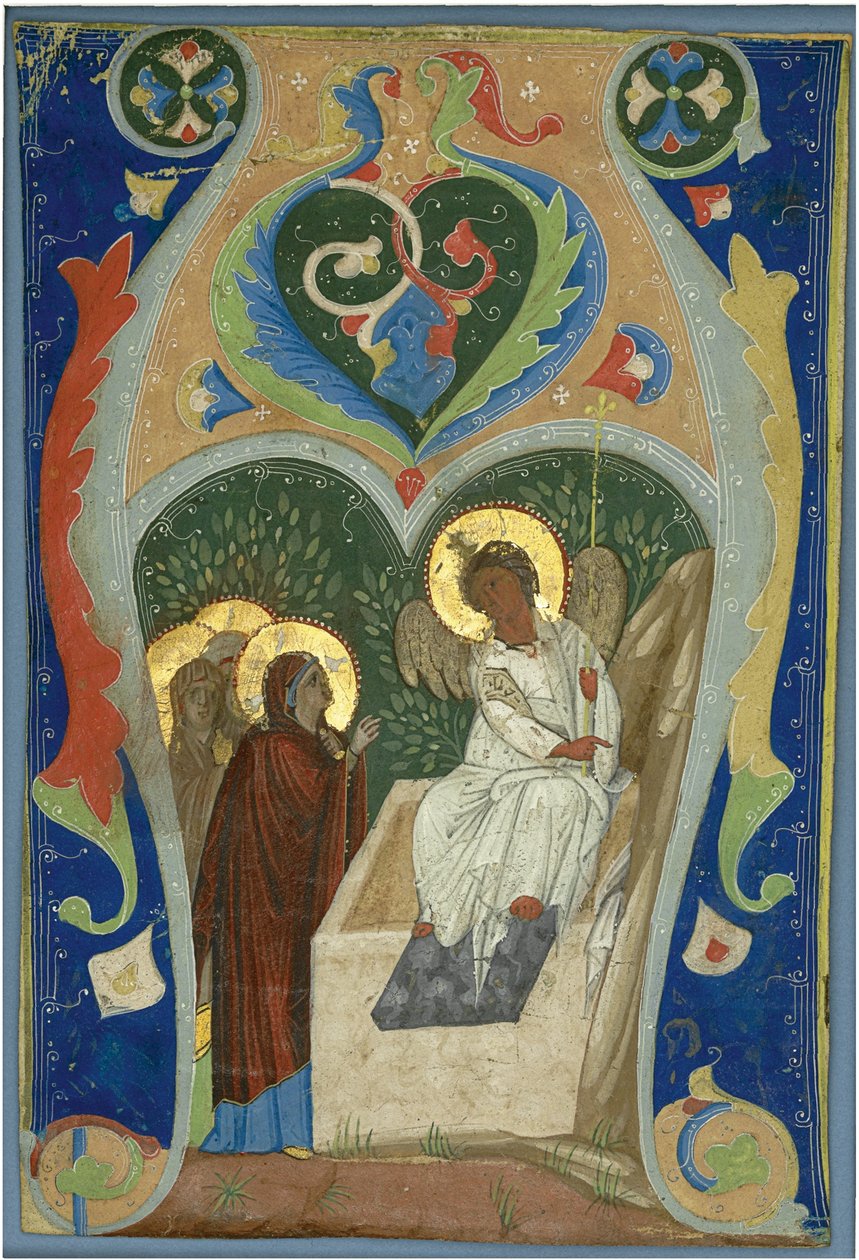 Tre Maries och den eldiga ängeln vid graven. Initialt, ca 1310 av Unbekannt