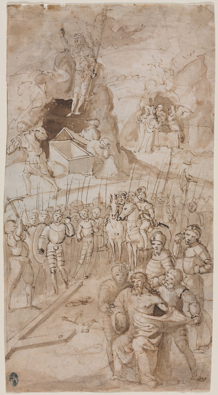 Tre scener från Kristi passion recto Architectural Sketch verso, 1500-talet. av Unbekannt