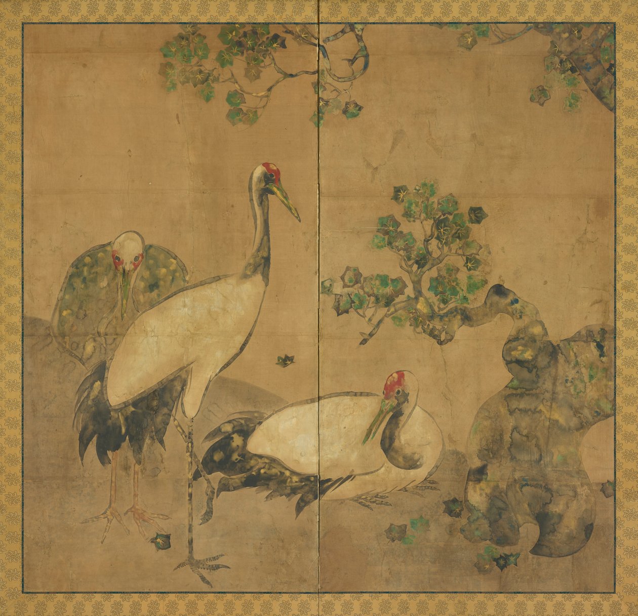 Tre tranor under ett träd, Edo-perioden, 1615-1868. av Unbekannt