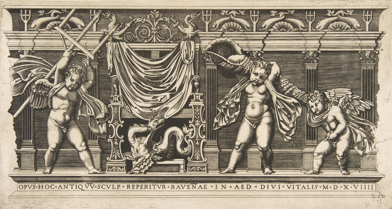 Tre amoriner framför en fasad med pilastrar, en med en treudd och en annan..., ca. 1515-1600. av Unbekannt