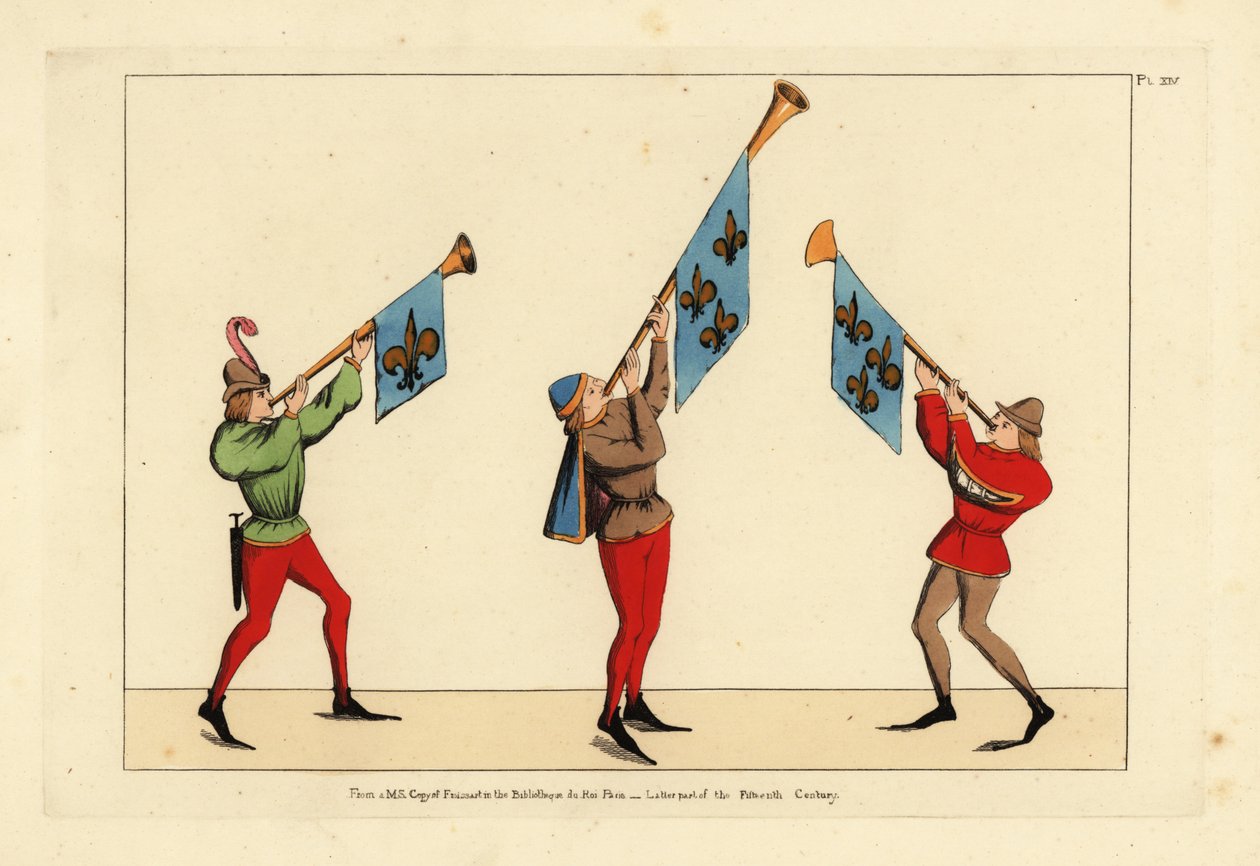 Tre härolder med trumpeter prydda med fleur-de-lis standarder av Unbekannt