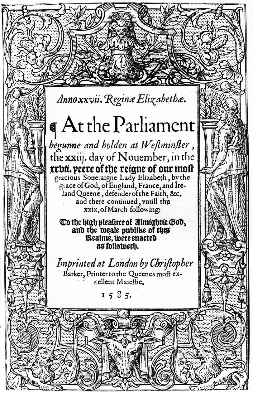 Titelsidan för parlamentets lagar, 1585, 1893 av Unbekannt