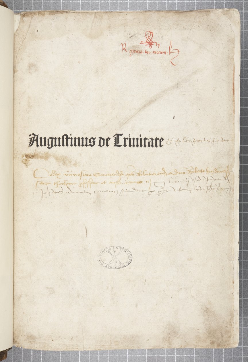 Titelsidan för De trinitate och De Civitate Dei cum commento, skriven av Augustinus av Hippo (penna och bläck på papper) av Unbekannt