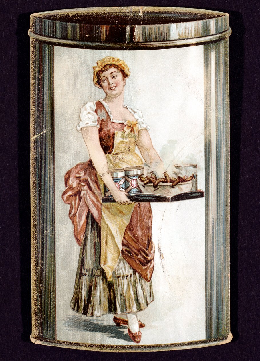 Handelskort för konserverade Frankfurters tillverkade av Heinrich Bauer från Frankfurt am Main, Tyskland, c1895 av Unbekannt