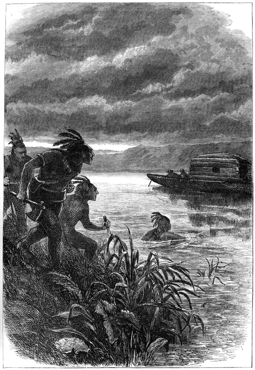 Handlare vid Ohiofloden attackerade av indianer, 1700-talet c1880 av Unbekannt
