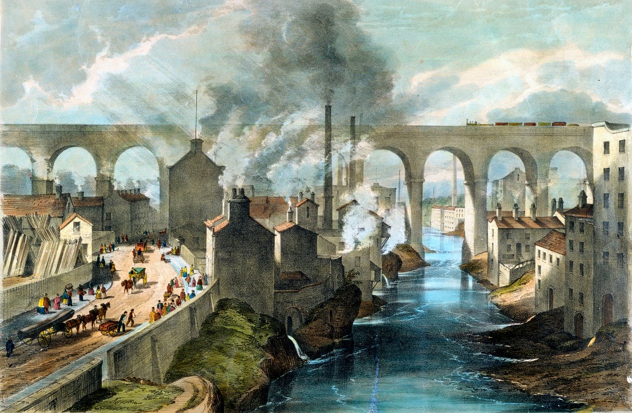 Tåg som korsar Stockport viadukten på London & North Western Railway, c1845 av Unbekannt