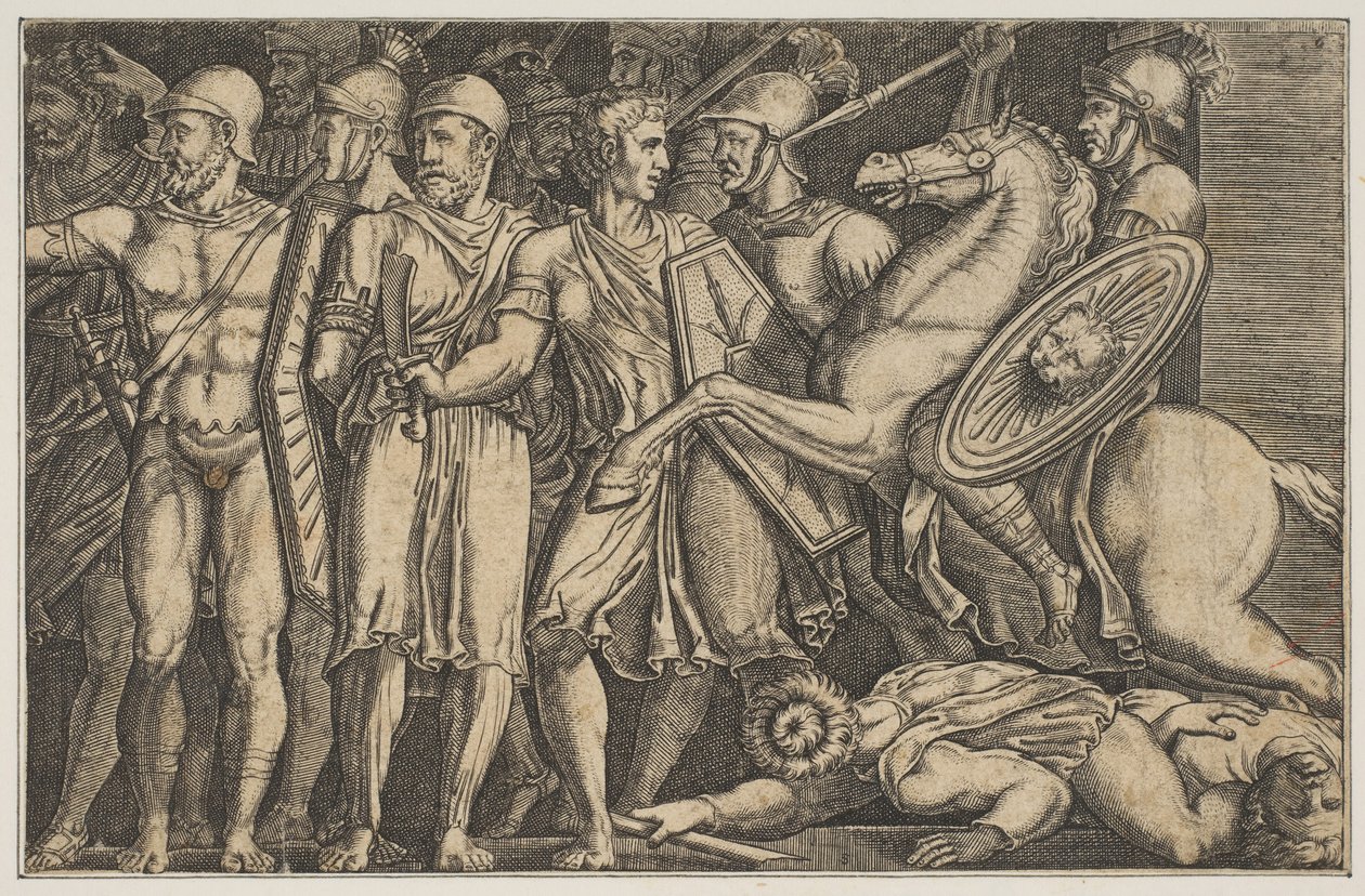 Trajanus Fighting the Dacians, Trajanus till häst till höger rider mot en grupp ..., ca. 1515-1600. av Unbekannt