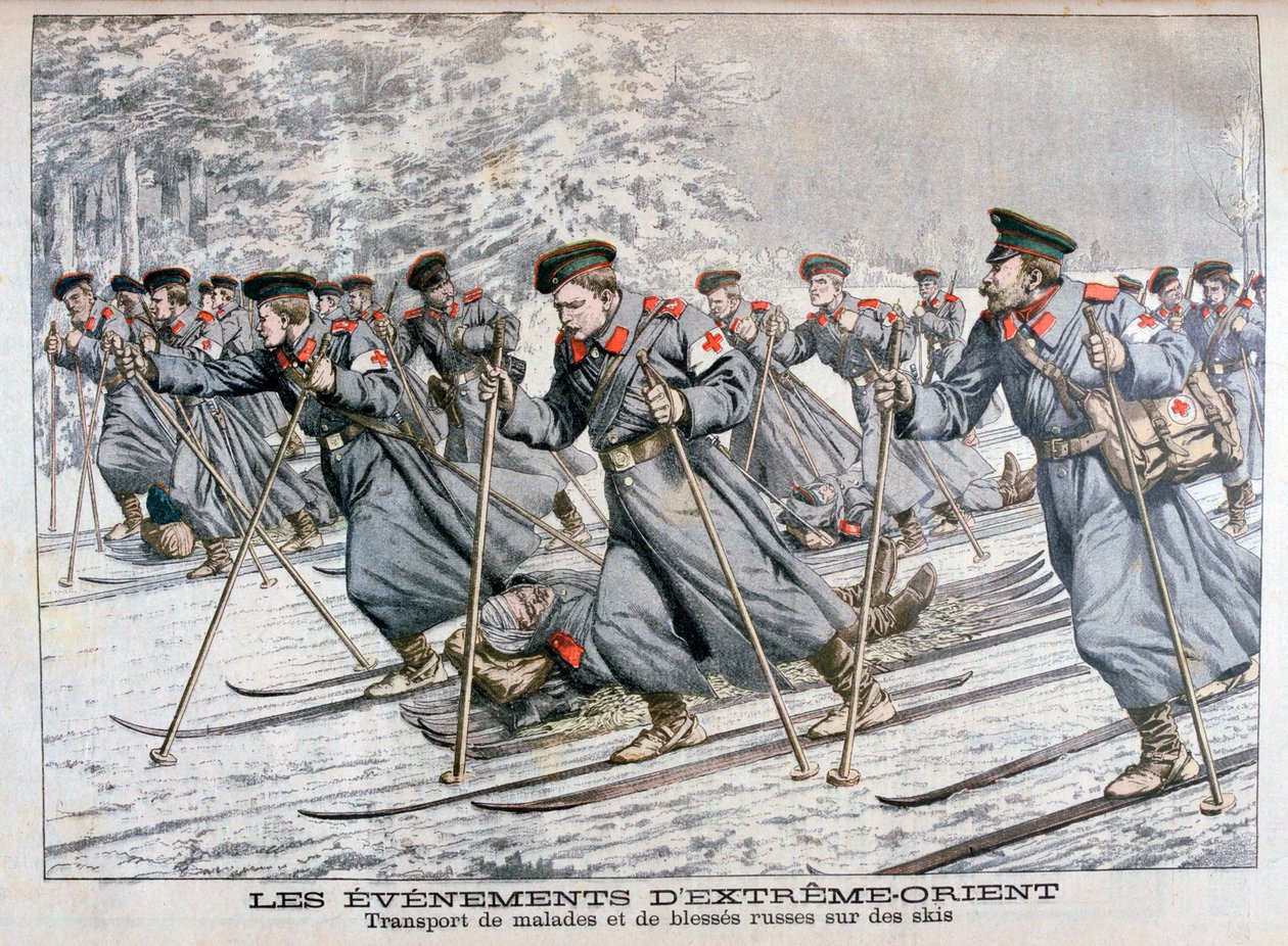 Transportera sjuka och sårade ryska trupper på skidor, rysk-japanska kriget, 1904 av Unbekannt
