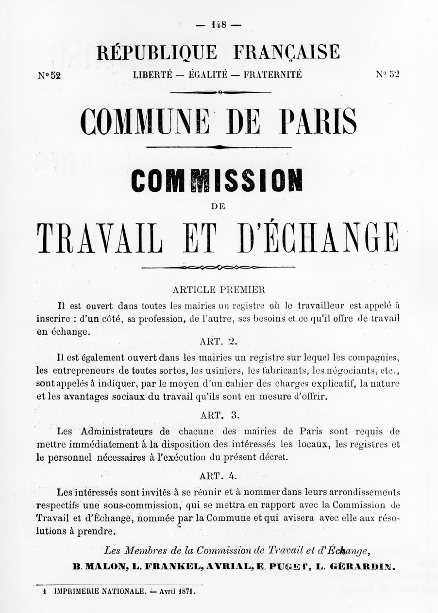 Travail et DEchange, från franska politiska affischer från Pariskommunen, maj 1871 av Unbekannt