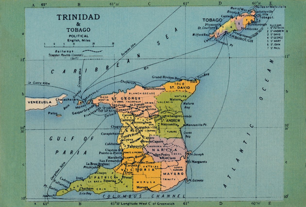 Trinidad & Tobago-karta, c1940-talet. av Unbekannt