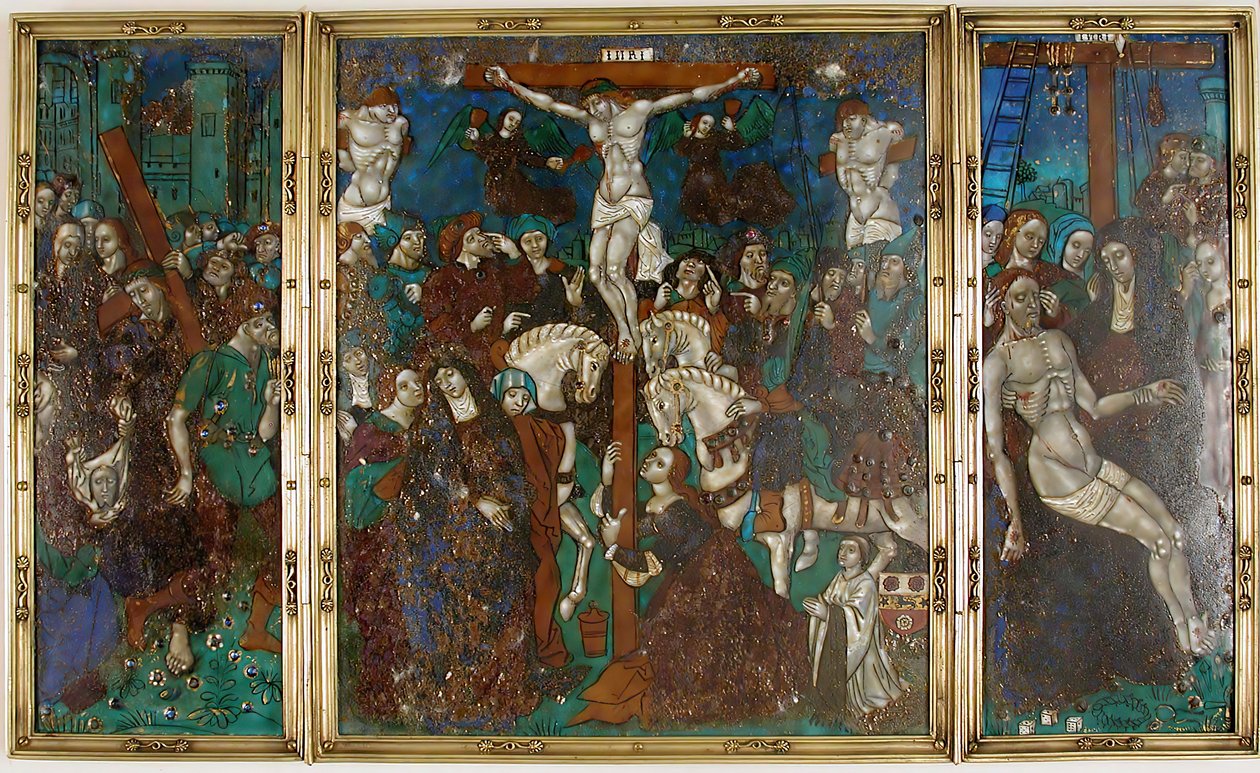Triptyk med vägen till Golgata, korsfästelse och härkomst från korset, franska, 1500-talet. av Unbekannt