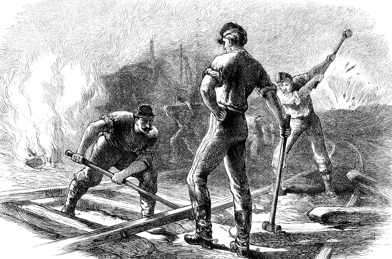 Trupper river upp en järnväg, amerikanska inbördeskriget, 1861-1865 c1880 av Unbekannt