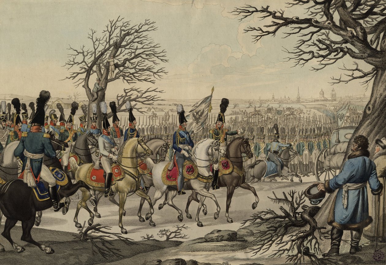 Tsar Alexander I och kung Fredrik Vilhelm III före trupperna, ca 1813 av Unbekannt
