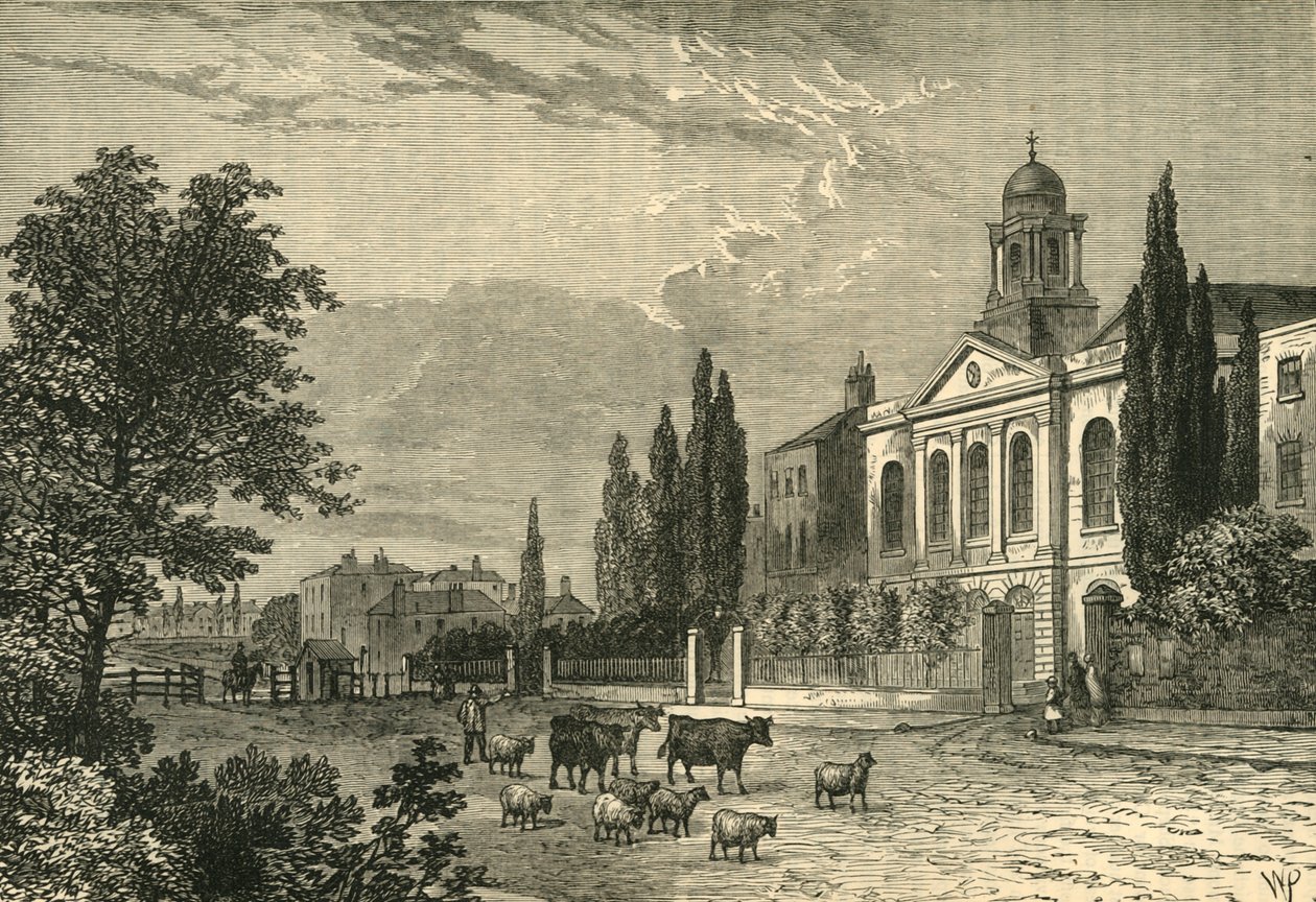 Turnpike i Hampstead Road och St. James Church, 1820, c1876. av Unbekannt