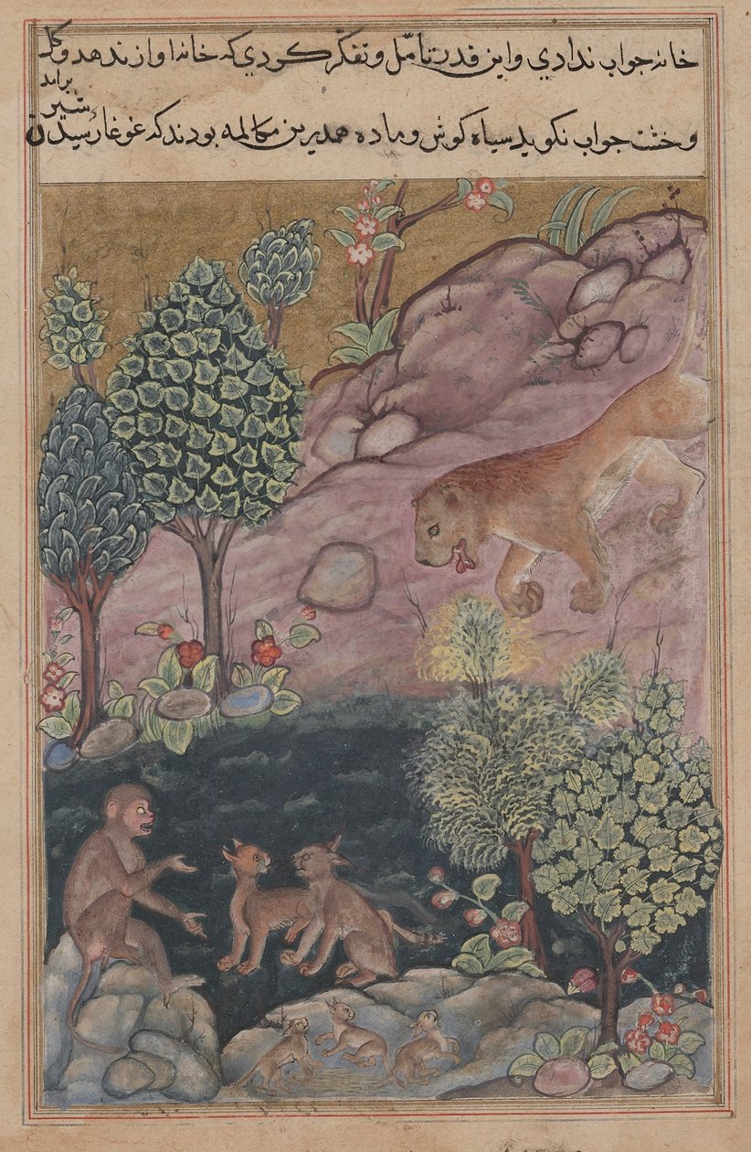 Tuti-Nama Tales of a Papegoja: Saga XXIX, Lejonet återvänder till sitt territorium och se, ca. 1560. av Unbekannt