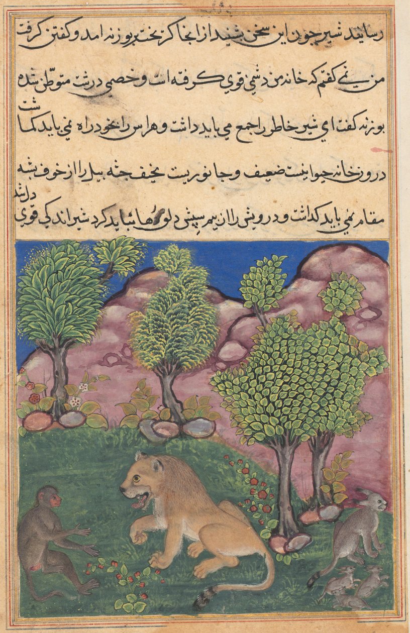 Tuti-Nama Tales of a Papegoja: Tale XXVIII: The Monkey Advises the Suspicious Lion..., c. 1560. av Unbekannt