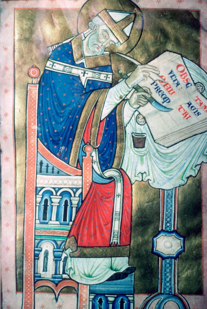 1100-talsillustration av St Dunstan 909-988 som skrivare. Han var ärkebiskop av Canterbury av Unbekannt