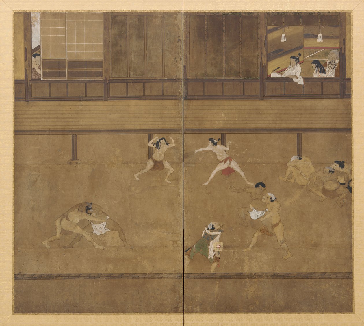 Tvåpanelsskärm föreställande brottare, Edo-period, 1600-talet. av Unbekannt