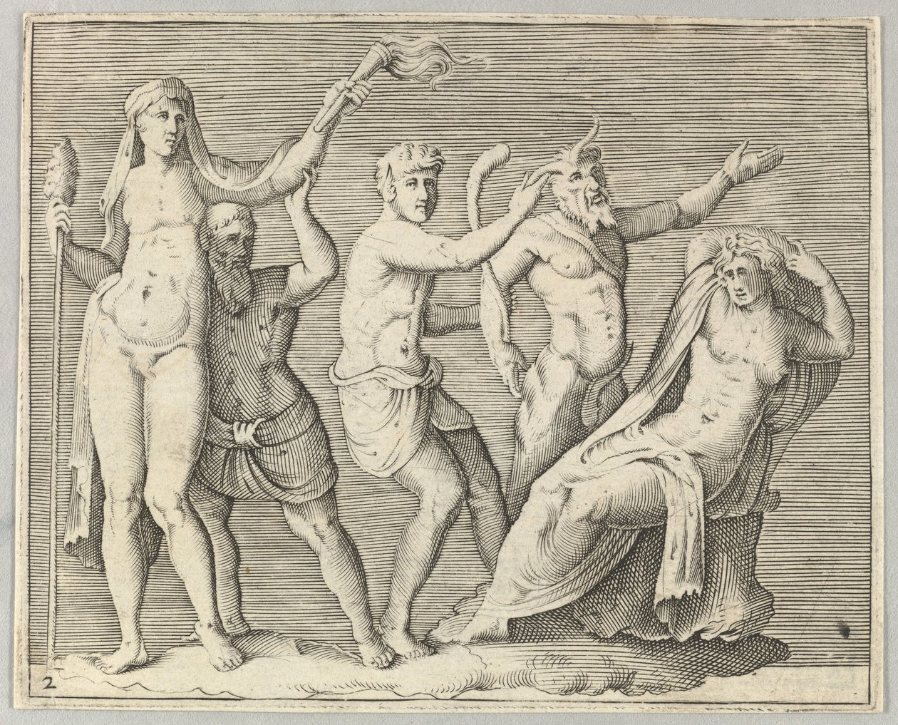 Två figurer, en faun och en satyr närmar sig en liggande kvinna, publicerad ca. 1599-1622. av Unbekannt