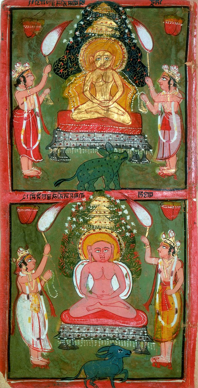 Två Jain Tirthankaras eller jina fordtillverkare och deras anhängare, Bundi-regionen, Indien, c1720 av Unbekannt