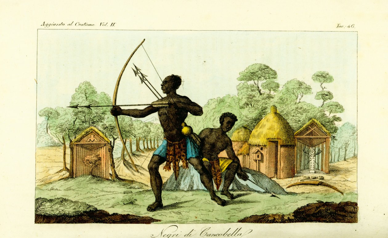 Två Luanda-män från Cancobella, Angola, med bågar och pilar, framför bostäder, hyddor, heliga fetischaltare, etc. av Unbekannt