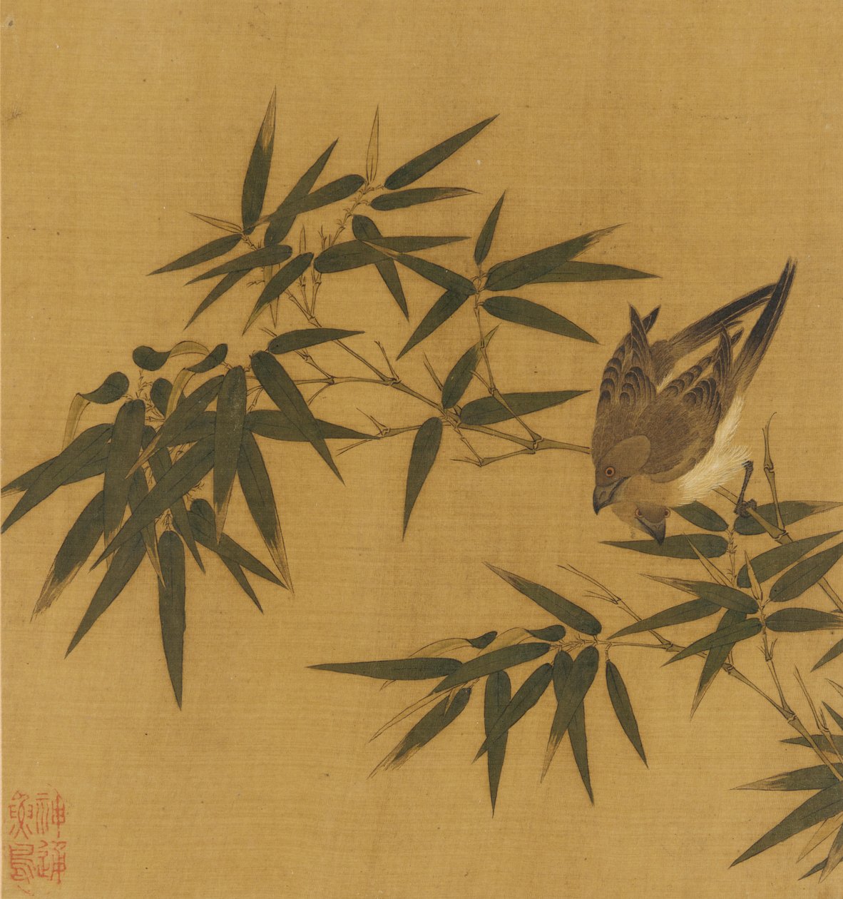 Två fåglar som svänger på en gren av bambu, Qing-dynastin, 1700-talet. av Unbekannt