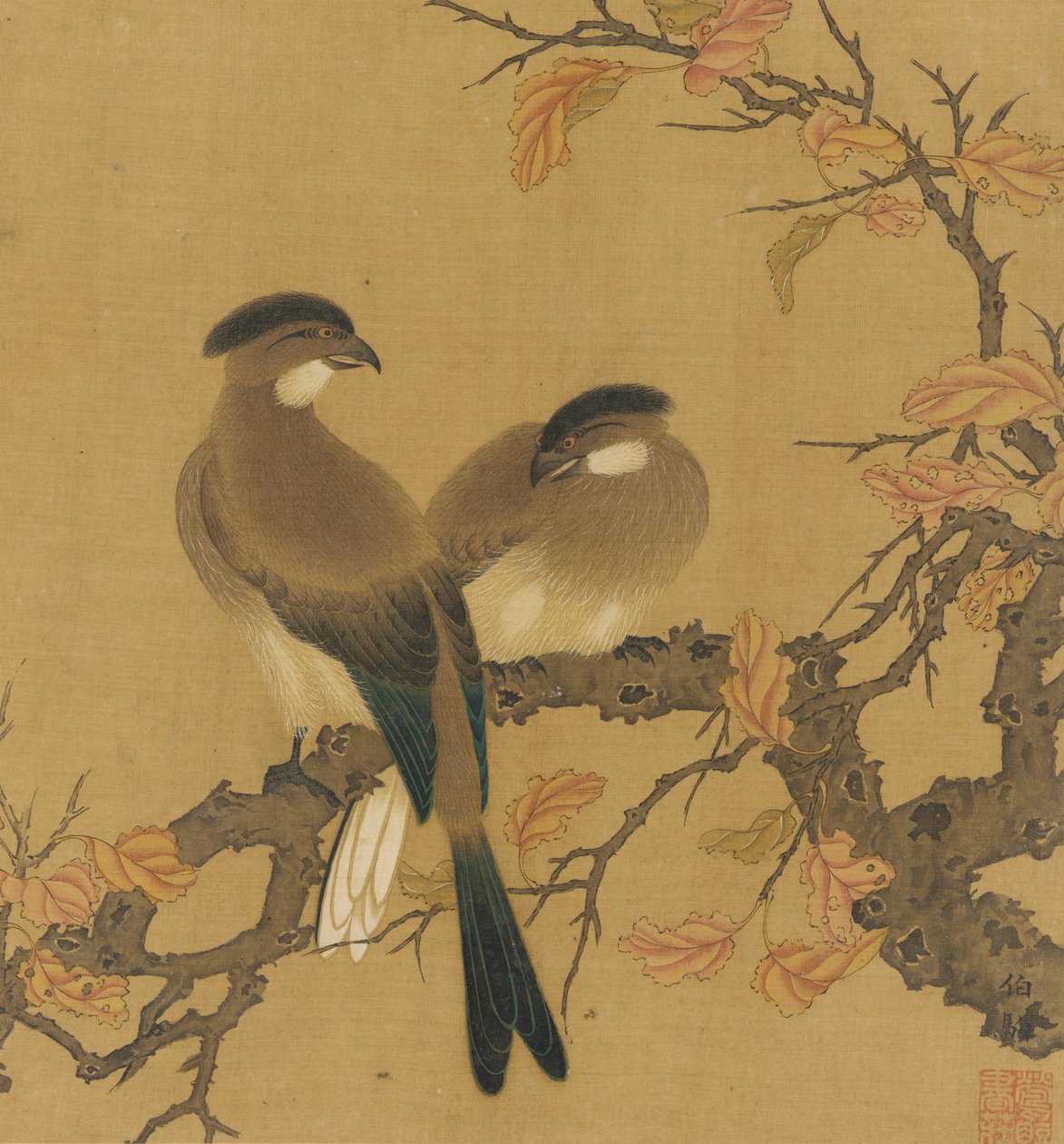 Två krönade fåglar på en gren, höstlöv, Qingdynastin, 1700-tal. av Unbekannt