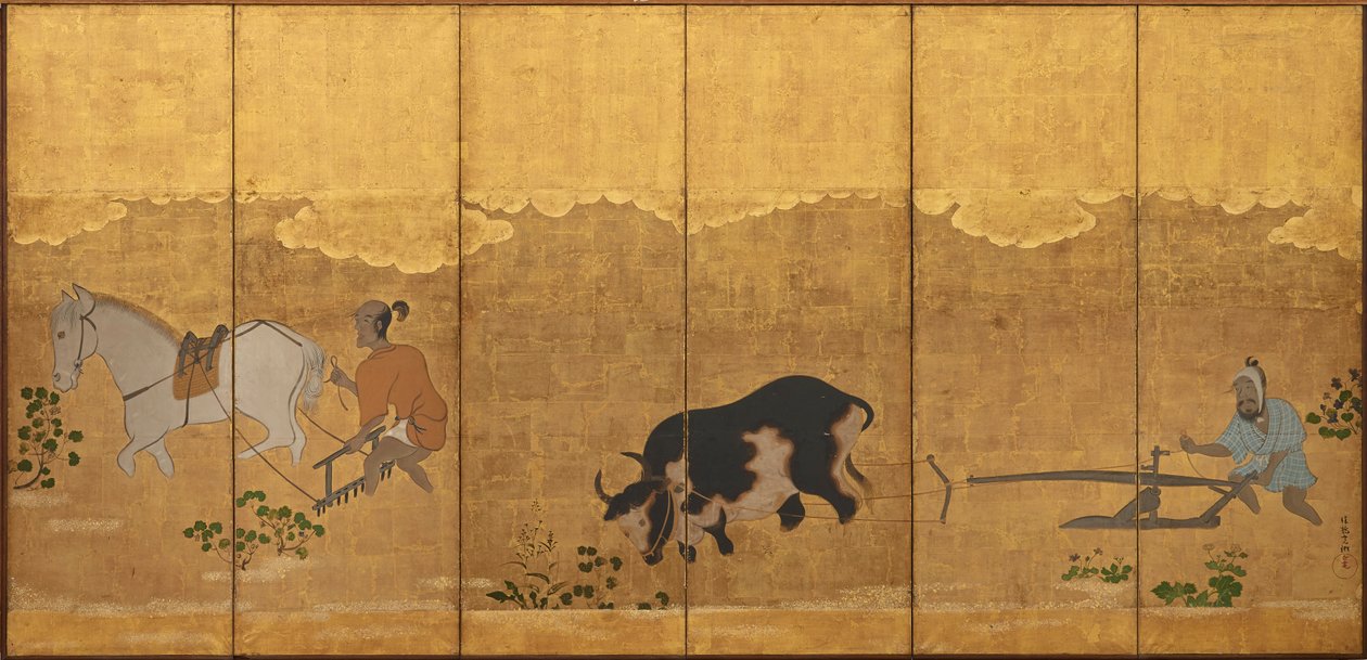 Två bönder som plöjer och harvar ett risfält, Edo-perioden, 1615-1868. av Unbekannt