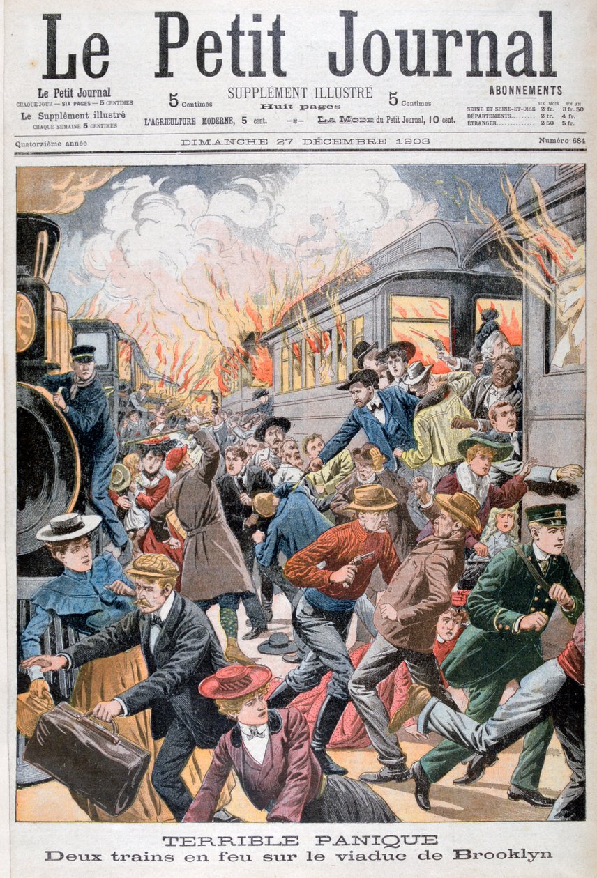 Två tåg i brand på Brooklyn Bridge, 1903 av Unbekannt