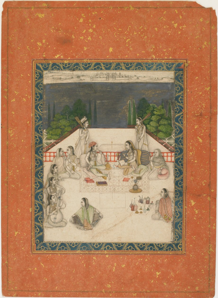 Två kvinnor sittande på en terrass, omgivna av skötare och musiker, ca. 1650. av Unbekannt