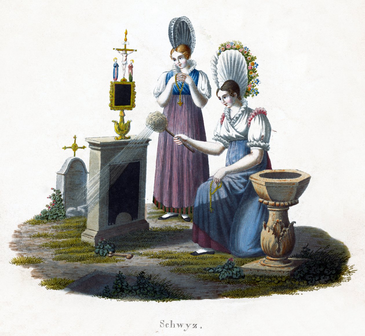 Två kvinnor som står framför en gravsten på en kyrkogård, ca 1800 av Unbekannt