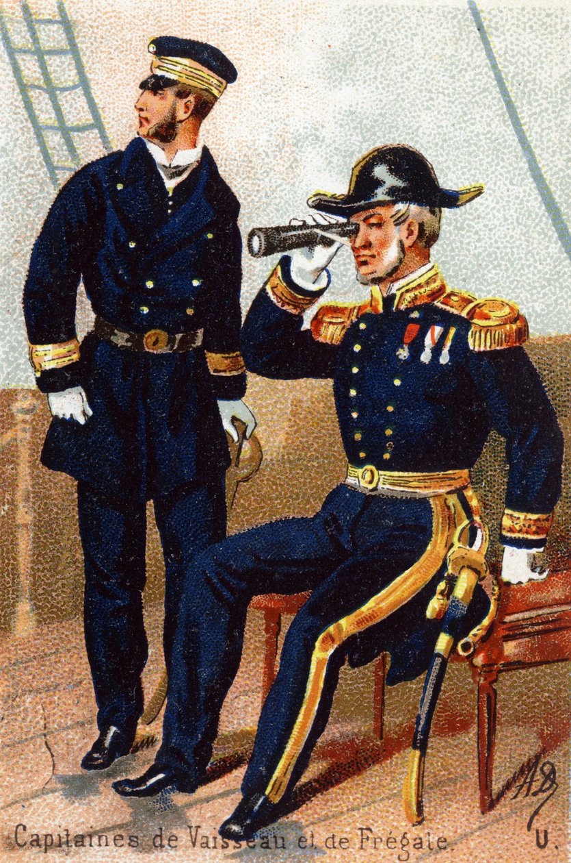 U: Kaptensskepp och fregatt. Gravyr i "Militäralfabetet". Illustratörens initialer: A. D. Okänd utgivare. Kromolitografier från slutet av 1800-talet. Mått: 10,5x7 cm. av Unbekannt