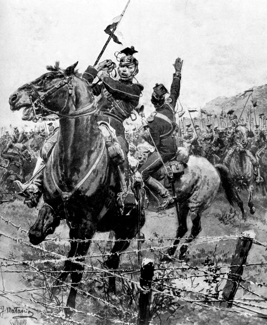 Uhlans kontrolleras med taggtråd nära Liege, Belgien, första världskriget, 1914 av Unbekannt