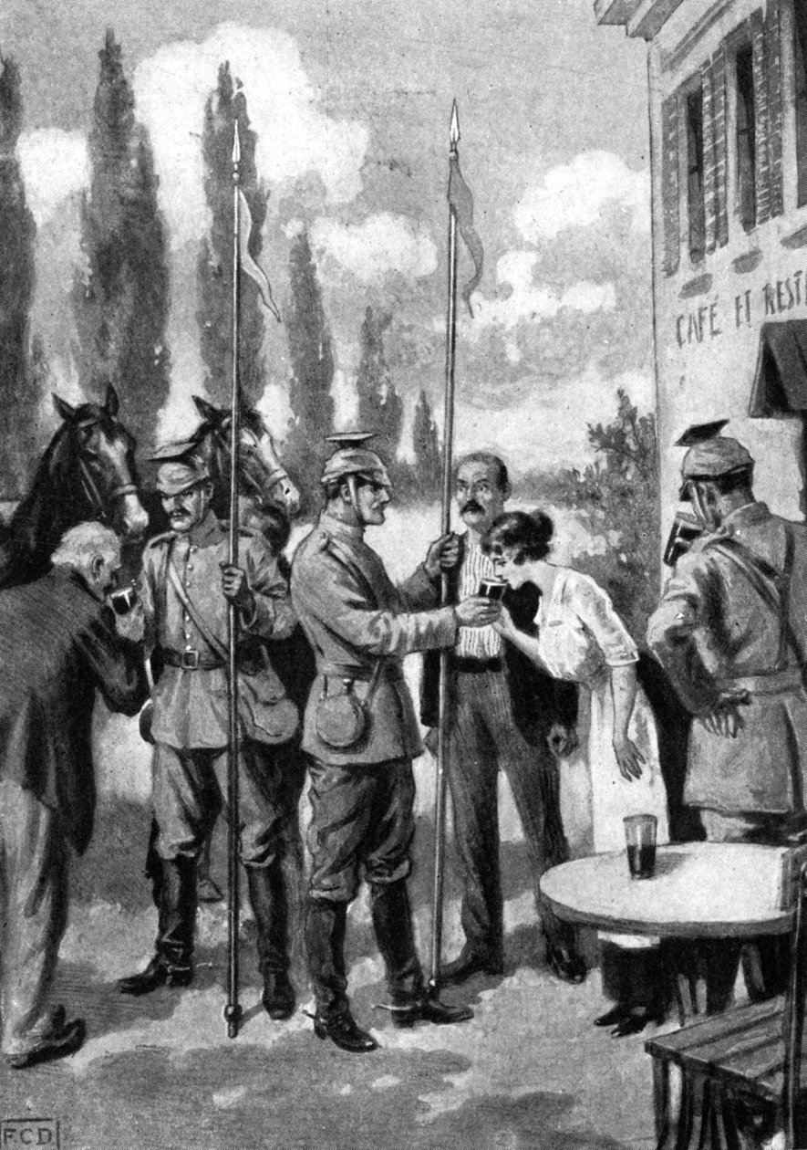 Uhlans kräver förfriskningar från belgiska bybor, första världskriget, 1914 av Unbekannt