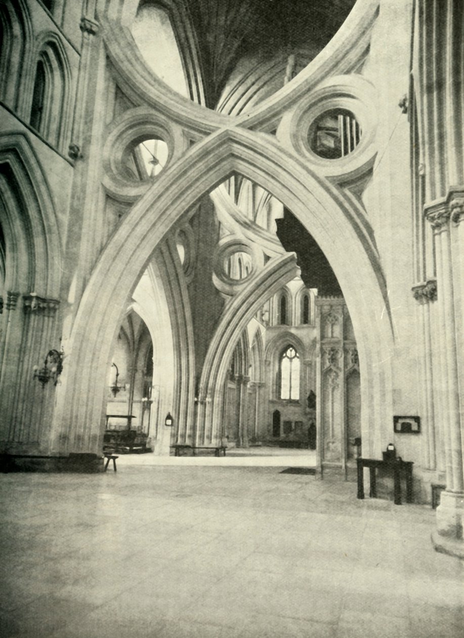 Ovanliga bågar i Wells Cathedral - träffas för att bilda ett St. Andrews Cross och byggdes så 1338 för att av Unbekannt